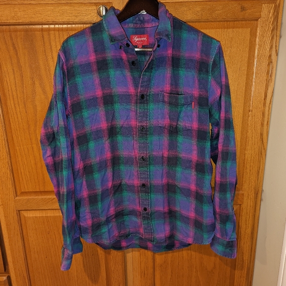 Supreme 100% cotton flannel plaid purple green pink shirt Men size M Button Up - Picture 1 of 8